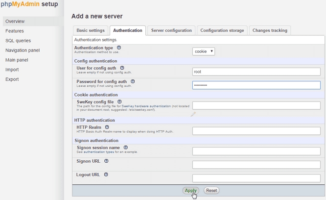 phpMyAdmin Install from Source Authentication Tab Enter root Password